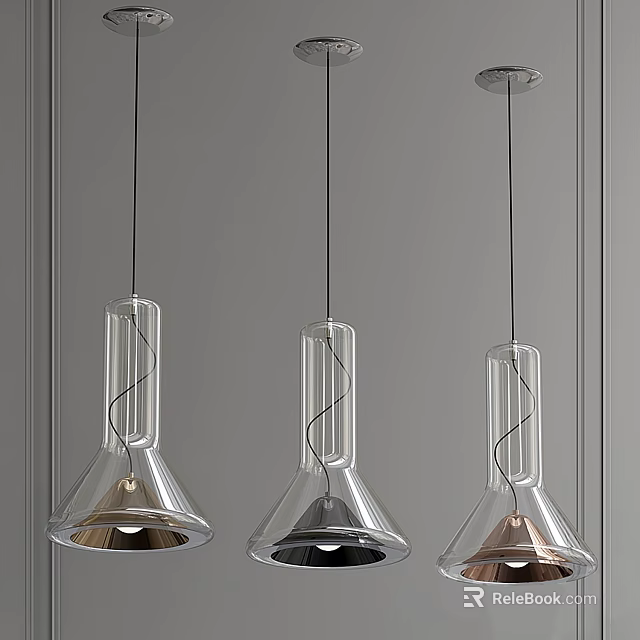 Three Modern Transparent Glass Conical Pendant Lights With Metallic Finishes 3d model 