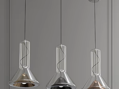 Three Modern Transparent Glass Conical Pendant Lights With Metallic Finishes 3d model