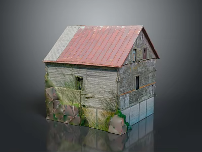 Old Wooden House Model With Red Metal Roof Worn Walls Mossy Exterior And Stone Base 3d model