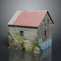 Old Wooden House Model With Red Metal Roof Worn Walls Mossy Exterior And Stone Base