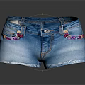 Light Blue Denim Shorts With Distressed Hem And Colorful Decorative Trim