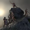 Roman Soldiers and Small Humanoid Figures on Rocky Mountain Sculpture with Dynamic Poses