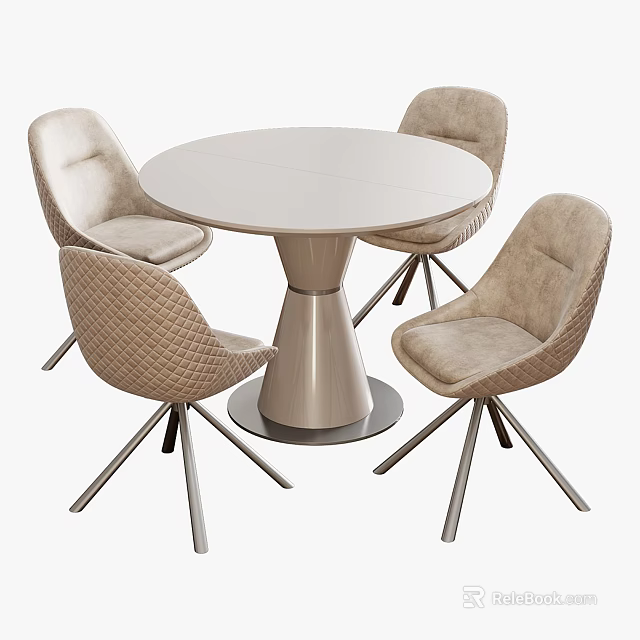 Modern Round Dining Table Set with Four Textured Chairs and Metal Legs 3d model 