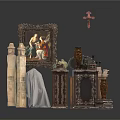 Antique Carved Sculptures Display With Framed Painting Cross Columns And Decorative Vases