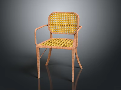 Stylish Leisure Chair With Wooden Frame And Yellow Woven Wicker Armrests 3d model