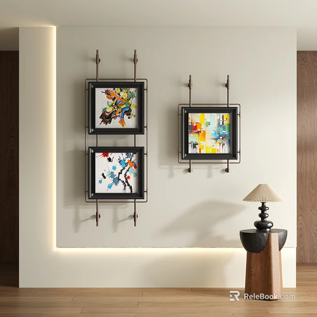 Vibrant Abstract Paintings With Metal Frames Wall Mounted In Contemporary Interior Decor 3d model 