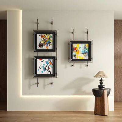 Vibrant Abstract Paintings With Metal Frames Wall Mounted In Contemporary Interior Decor 3d model