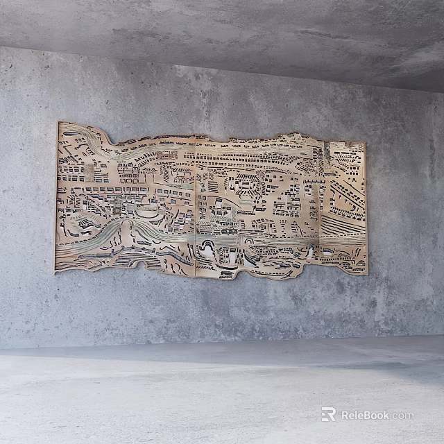 Wooden Carved Map Wall Art With Detailed Street And River Patterns On Gray Concrete Wall 3d model 