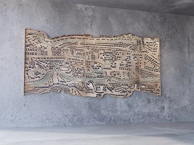 Wooden Carved Map Wall Art With Detailed Street And River Patterns On Gray Concrete Wall 3d model