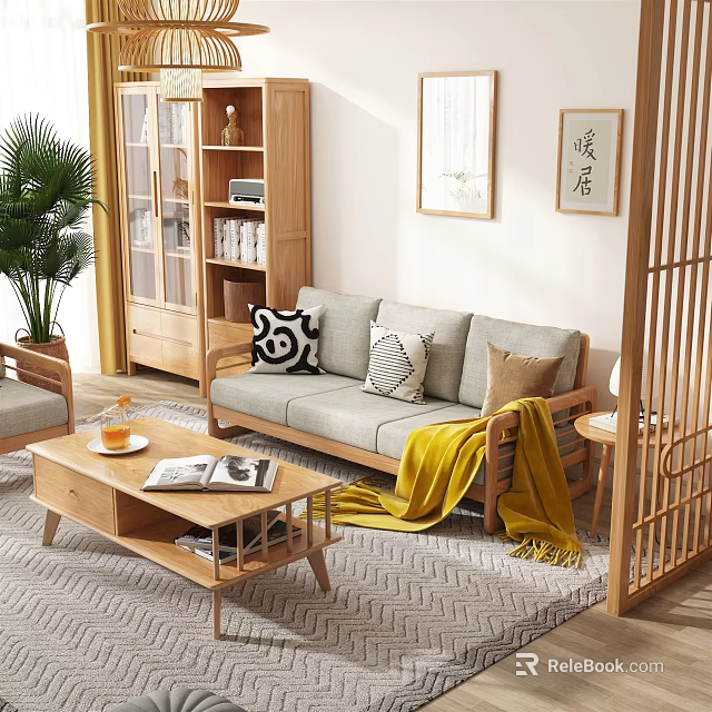 Modern Wooden Sofa and Coffee Table Set with Cushions Throw Blanket Potted Plant and Bookshelf 3d model 