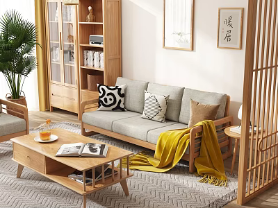 Modern Wooden Sofa and Coffee Table Set with Cushions Throw Blanket Potted Plant and Bookshelf 3d model