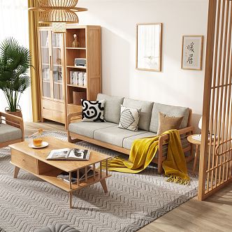 Japanese Style Sofa Coffee Table Combination Solid Wood Sofa 3d model