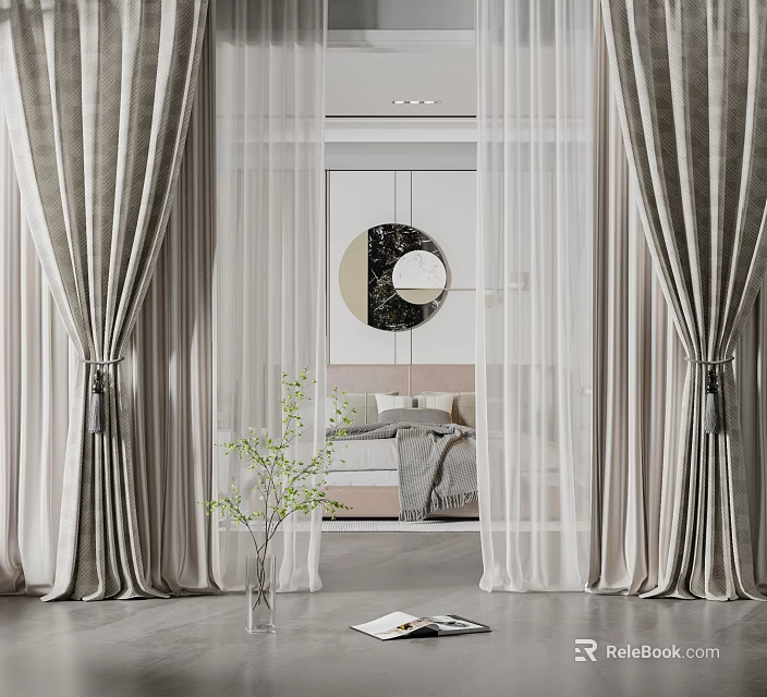 Gray Linen Curtains With Sheer Layers In Modern Bedroom With Round Mirror 3d model 