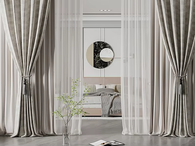 Gray Linen Curtains With Sheer Layers In Modern Bedroom With Round Mirror 3d model