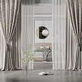 Gray Linen Curtains With Sheer Layers In Modern Bedroom With Round Mirror