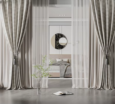 Gray Linen Curtains With Sheer Layers In Modern Bedroom With Round Mirror 3d model