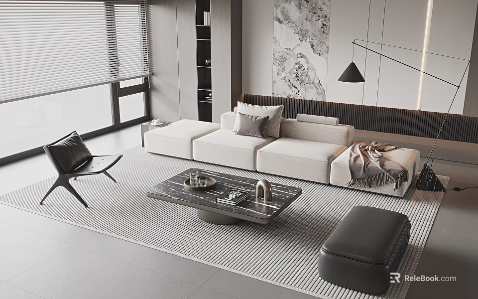 Modern Sofa Coffee Table Combination With Light Colored Sofa Marble Top Table And Striped Rug 3d model 