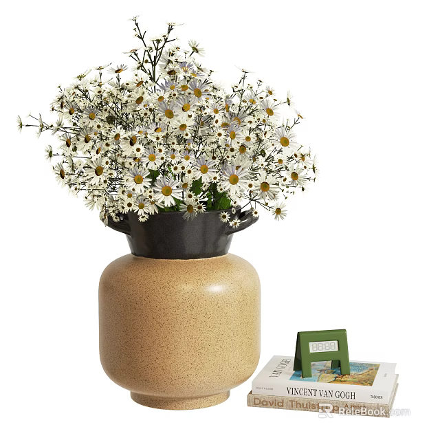 Terracotta Vase with White Daisies and Black Base Next to Green Photo Frame and Magazine 3d model 