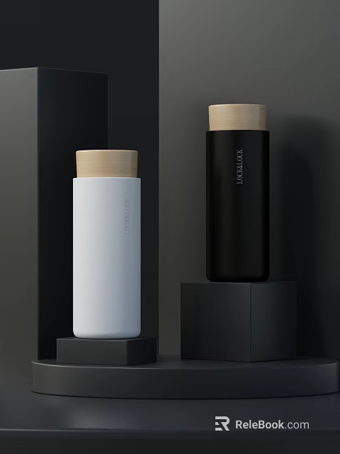Stylish TRITAN Insulated Vacuum Flasks White And Black With Wooden Lids Displayed On Black Platforms 3d model 