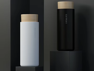Stylish TRITAN Insulated Vacuum Flasks White And Black With Wooden Lids Displayed On Black Platforms 3d model