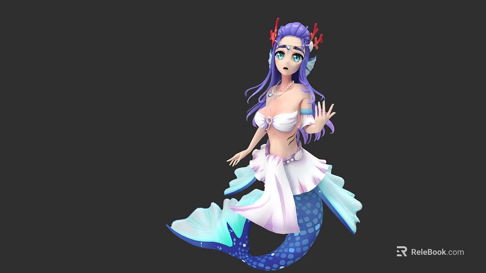Fantasy Mermaid Character With Blue Eyes Purple Hair Red Headpiece And Blue White Fish Tail 3d model 