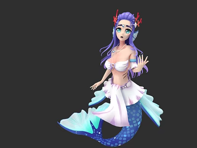 Fantasy Mermaid Character With Blue Eyes Purple Hair Red Headpiece And Blue White Fish Tail 3d model