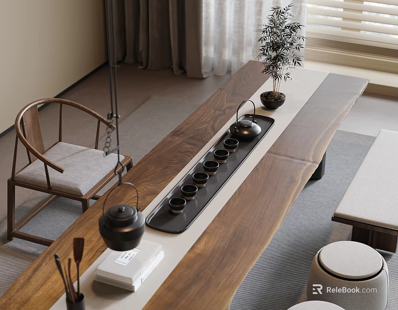 Oriental Walnut Wood Tea Table With Tea Set Cups Teapot And Potted Plant Near Window 3d model 