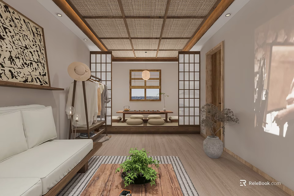 Japanese Style Interior Design With Tatami Wooden Ceiling Shoji Doors And Green Plant 3d model 