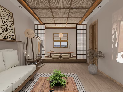 Japanese Style Interior Design With Tatami Wooden Ceiling Shoji Doors And Green Plant 3d model