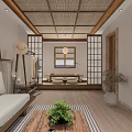 Japanese Style Interior Design With Tatami Wooden Ceiling Shoji Doors And Green Plant