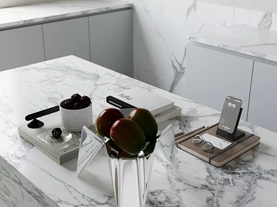 Modern Kitchen Interior With Marble Countertop Fruits Phone Stand Books And Vase 3d model