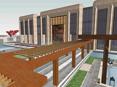 Modern Sales Office Building With Large Glass Windows And Wooden Pergola 3d model