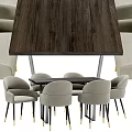Modern Dining Table Set with Gray Velvet Chairs Dark Wood Top and Golden Metal Legs