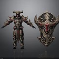 Intricate Horned Armor And Decorative Shield Design With Gold Red Accents And Ornate Patterns