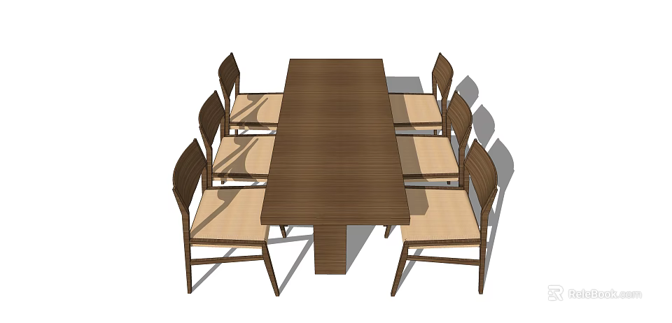 Wooden Dining Table Set With Eight Chairs And Light Colored Seats 3d model 