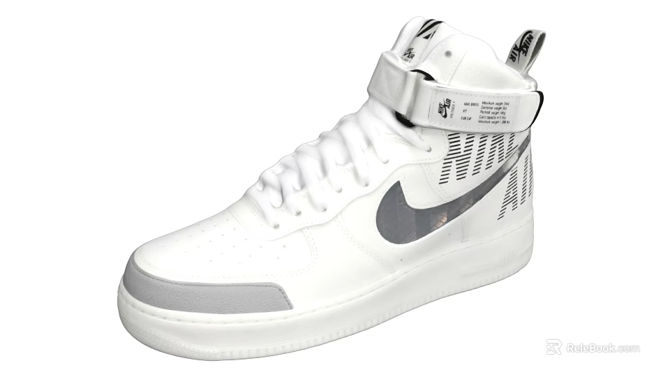 White High Top Nike Sneakers With Swoosh Logo Velcro Strap And White Laces 3d model 