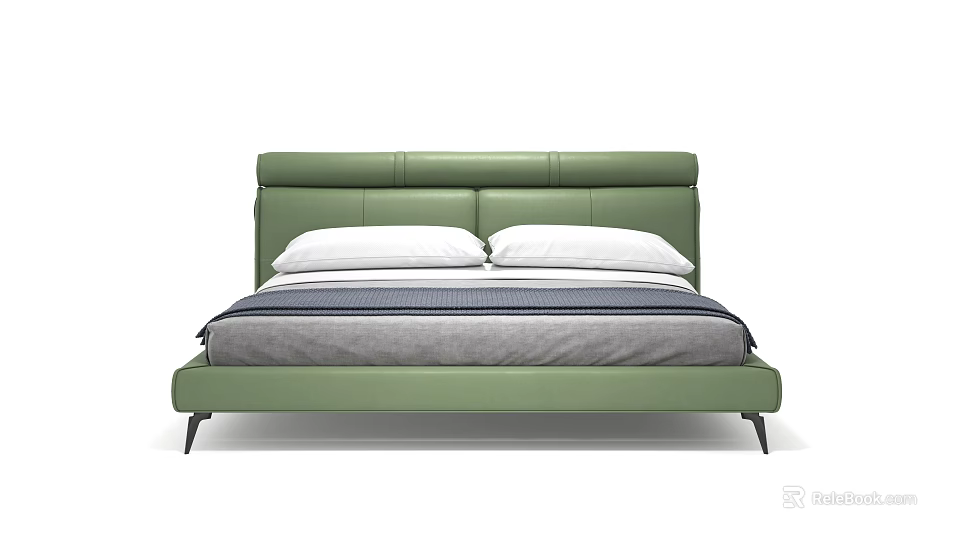 Modern Green Leather Double Bed With White Pillows And Gray Bed Runner Black Metal Legs 3d model 