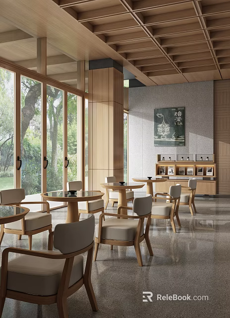 Cozy Wooden Restaurant Interior With Large Windows Round Tables And Comfortable Chairs 3d model 