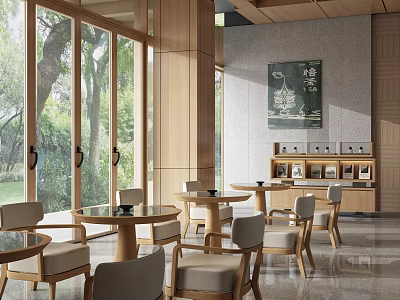 Cozy Wooden Restaurant Interior With Large Windows Round Tables And Comfortable Chairs 3d model