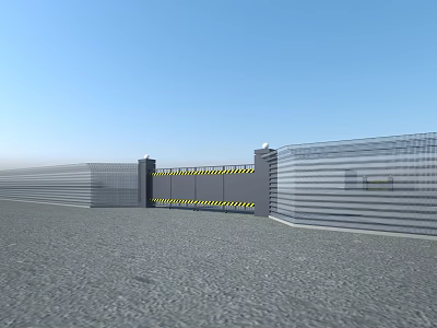 Sturdy Metal Entrance Gate With Yellow Warning Stripes Pillars And Fencing On Gravel Ground 3d model