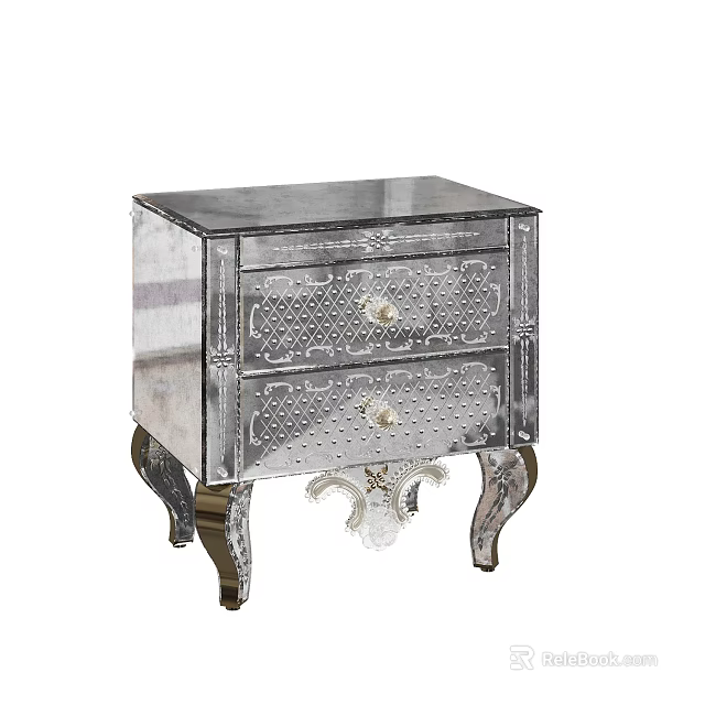 Silver Mirrored Bedside Table With Two Decorative Drawers And Ornate Curved Legs 3d model 