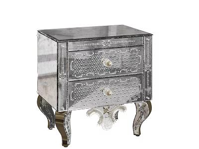 Silver Mirrored Bedside Table With Two Decorative Drawers And Ornate Curved Legs 3d model
