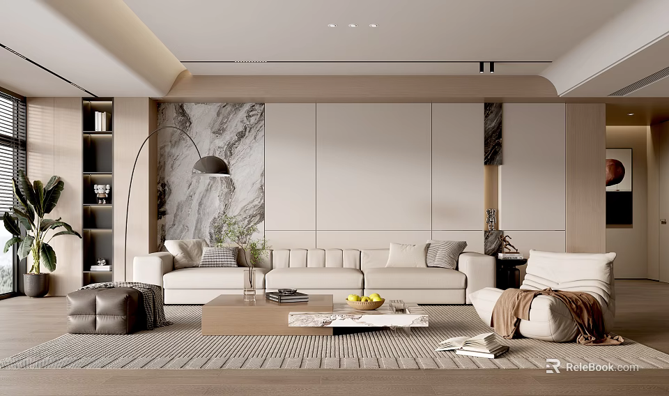 Modern Living Room Interior With Beige Sofa Coffee Table And Accent Wall 3d model