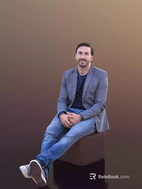 Man Sitting in Gray Blazer with Dark Blue Shirt and Blue Jeans against Brown Background 3d model 