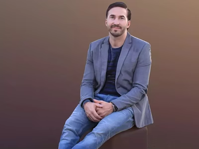 Man Sitting in Gray Blazer with Dark Blue Shirt and Blue Jeans against Brown Background 3d model