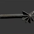 Ancient Metal Weapon With Lobed Head And Carved Long Handle Design