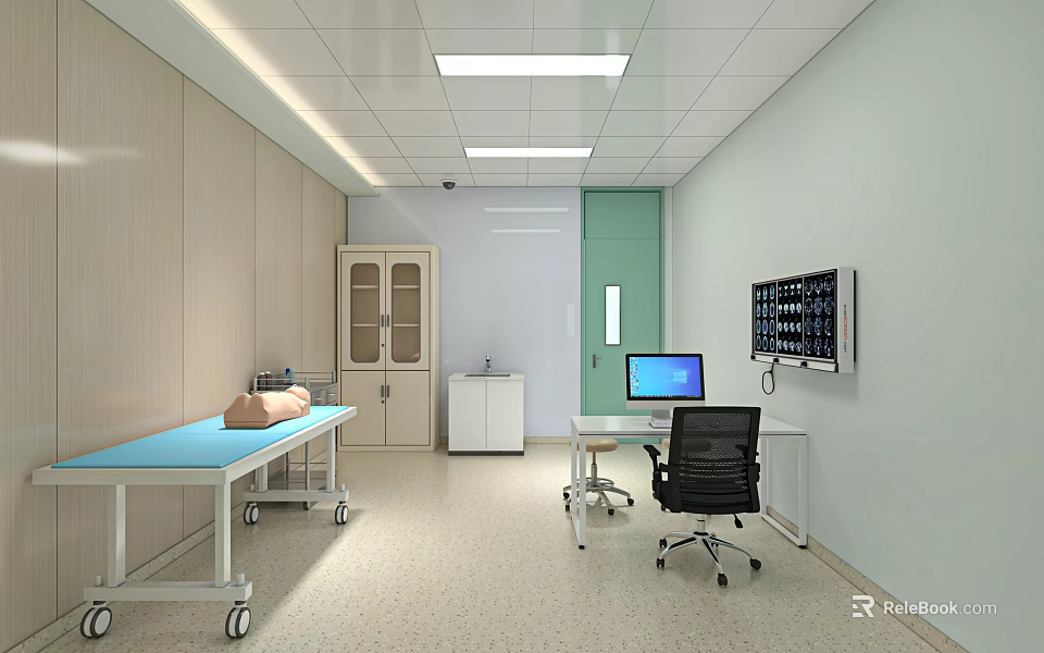 Medical Examination Room Interior With Blue Examination Table Cabinet Computer And Monitor 3d model 