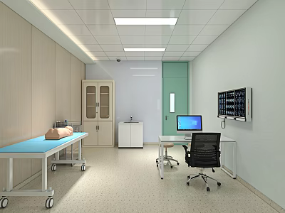 Medical Examination Room Interior With Blue Examination Table Cabinet Computer And Monitor 3d model
