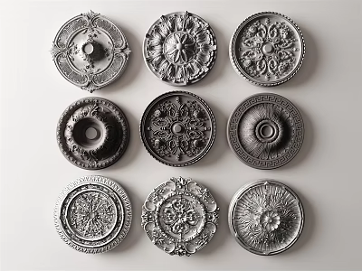 Decorative Silver Ceiling Medallions With Nine Various Intricate Patterns In Arranged Display On White Background 3d model