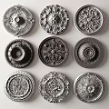 Decorative Silver Ceiling Medallions With Nine Various Intricate Patterns In Arranged Display On White Background